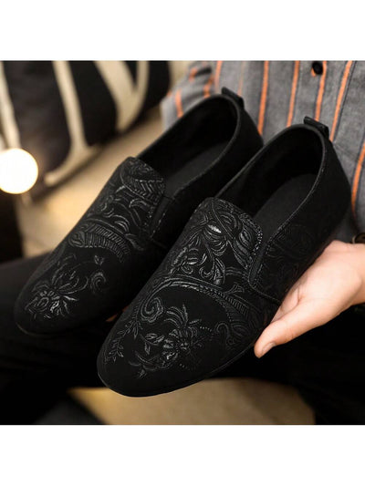 Fashionable summer men's loafers with black printed shoe upper, anti-slip design.