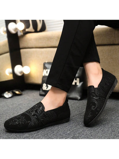 Fashionable summer men's black loafers with printed design and anti-slip rubber soles.