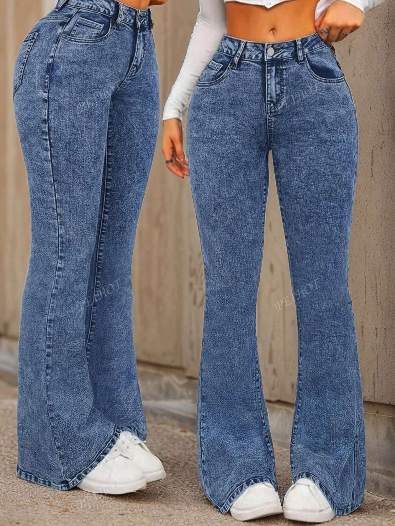 Tall women's straight fit blue denim jeans, light wash, extra long, casual style, zipper fly.