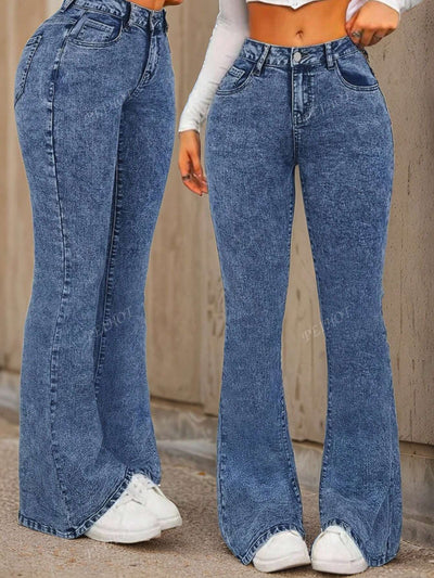 Women's elegant blue stretch flare jeans with button details and casual style.