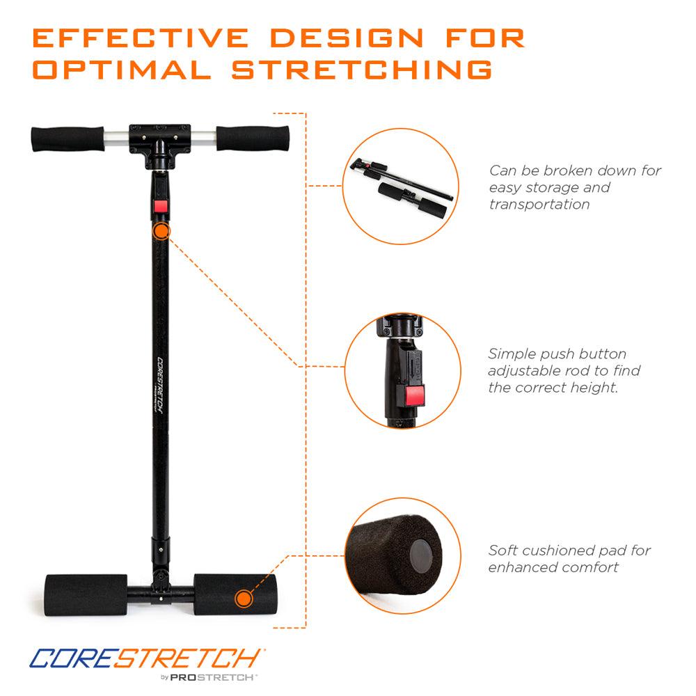 CoreStretch by ProStretch is effectively designed for optimal stretching, can be broken down, simple push button operation, soft cushioned pads for support