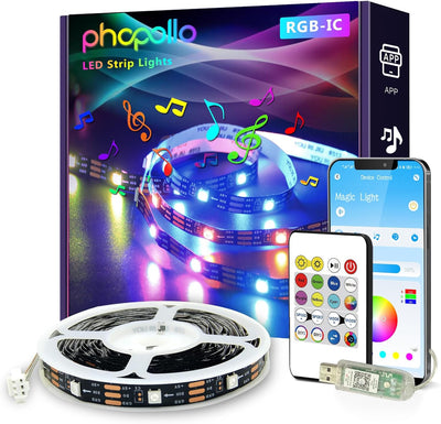 phopollo RGB Smart LED Strip Lights with app and remote control, multicolor Bluetooth-enabled lights for indoor use, music sync feature, USB powered.