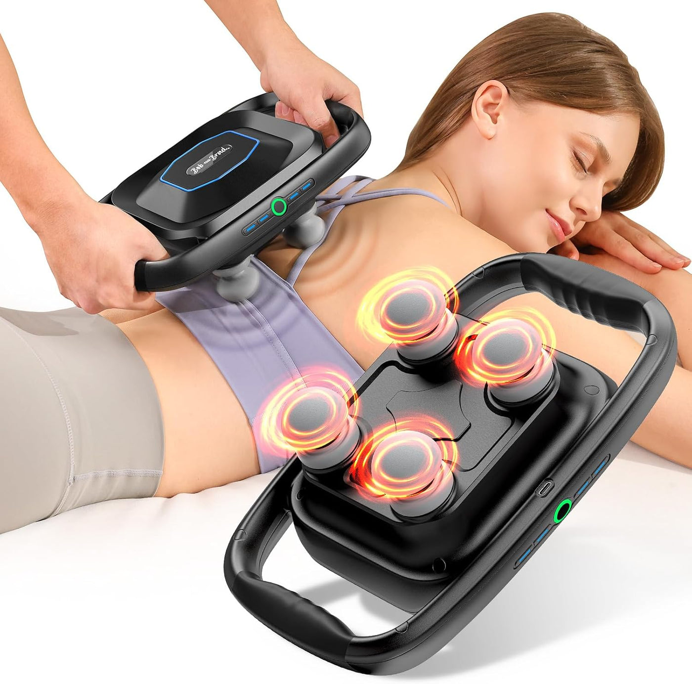 BOB AND BRAD A1 4-Head Deep Tissue Massage Gun being used for back relaxation.