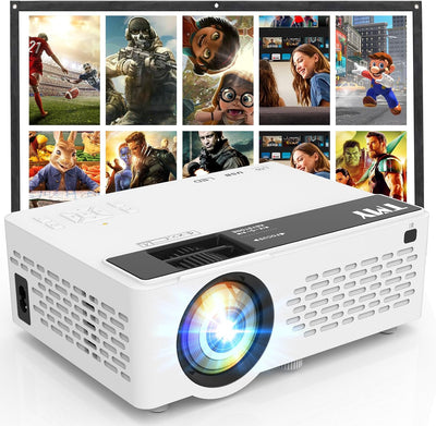 TMY Mini Projector with screen, 1080P HD, Bluetooth, portable for indoor and outdoor use.