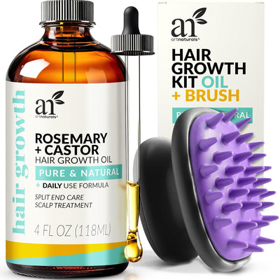 ArtNaturals Rosemary Castor Hair Growth Oil and Scalp Massager Set, 4 oz bottle with purple scalp brush for hair growth and hydration.