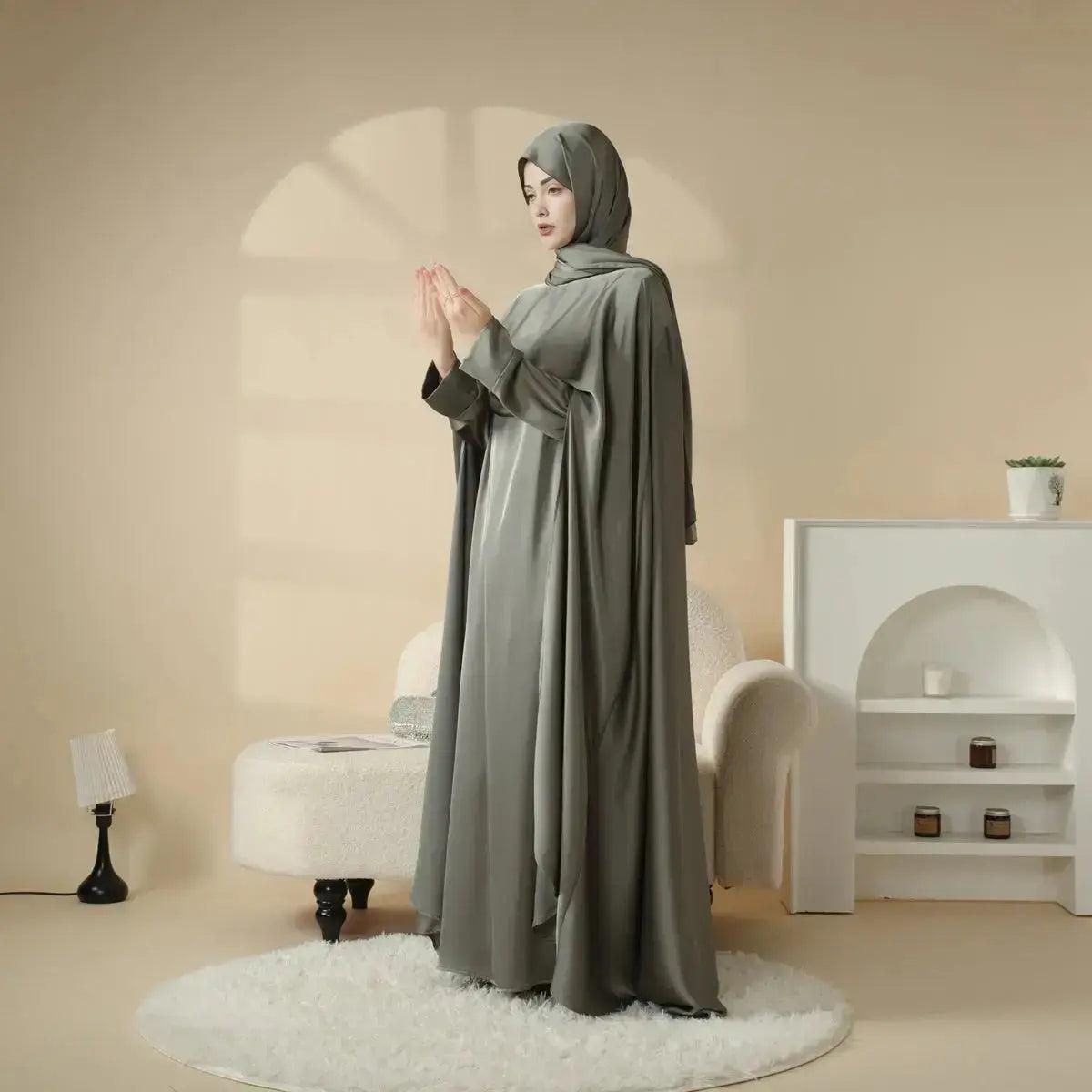 MOA044 Luxury Satin Wedding Cape Jewel Neck Cloak Bridal Abaya 3-Piece Set (Preorder 20 days) - Mariam's Collection