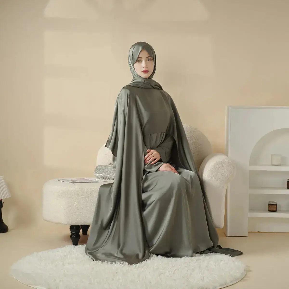 MOA044 Luxury Satin Wedding Cape Jewel Neck Cloak Bridal Abaya 3-Piece Set (Preorder 20 days) - Mariam's Collection