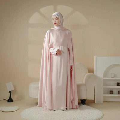 MOA044 Luxury Satin Wedding Cape Jewel Neck Cloak Bridal Abaya 3-Piece Set (Preorder 20 days) - Mariam's Collection