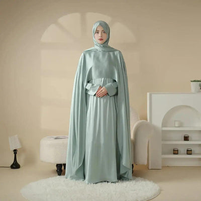 MOA044 Luxury Satin Wedding Cape Jewel Neck Cloak Bridal Abaya 3-Piece Set (Preorder 20 days) - Mariam's Collection