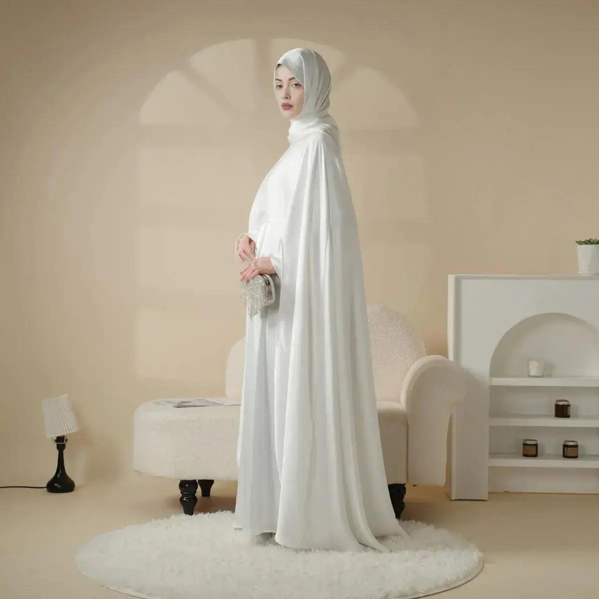 MOA044 Luxury Satin Wedding Cape Jewel Neck Cloak Bridal Abaya 3-Piece Set (Preorder 20 days) - Mariam's Collection